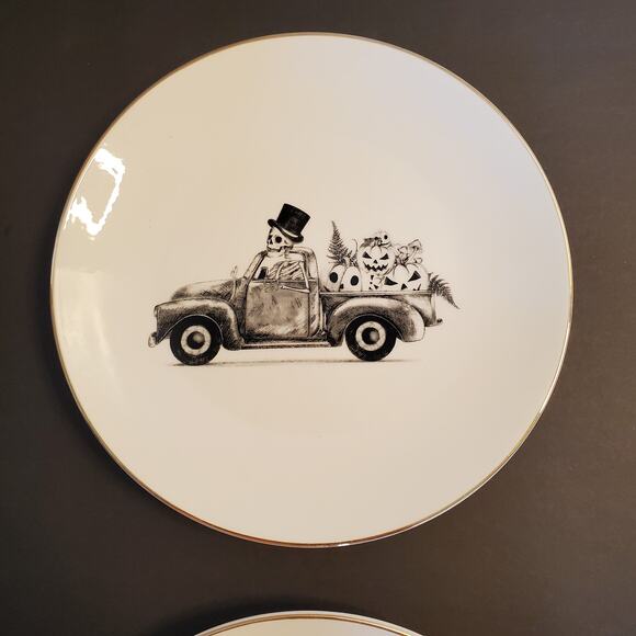 Halloween Eaton Fine Dining 4 pc Appetizer Plates Bone Voyage White Black New - Picture 6 of 15